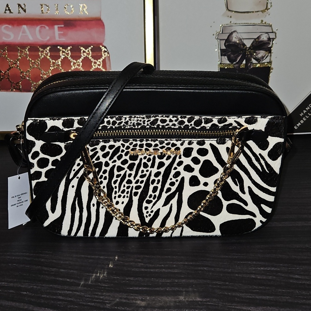 Michael Kors Black and White Zebra Print Crossbody Bag with Gold Chain - Picture 1 of 14